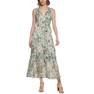 Calvin Klein Pastel Sage & Tan Floral Sleeveless Chiffon Tiered Maxi Dress 10